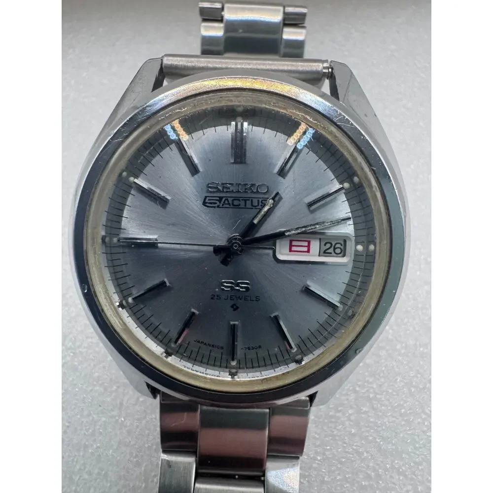 Vintage SEIKO 5 ACTUS SS 6106-7510 Ice Blue 25J Automatic Day-Date